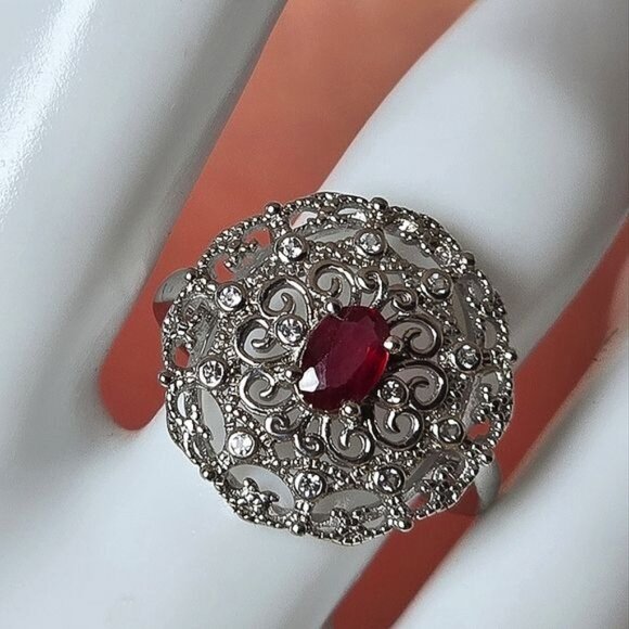 Natural Ruby 14K White Gold on 925 Sterling Silver Ring Sz 7.75 - Picture 2 of 6